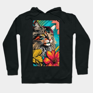 Maine Coon Cat Vibrant Tropical Flower Tall Retro Vintage Digital Pop Art Portrait Hoodie